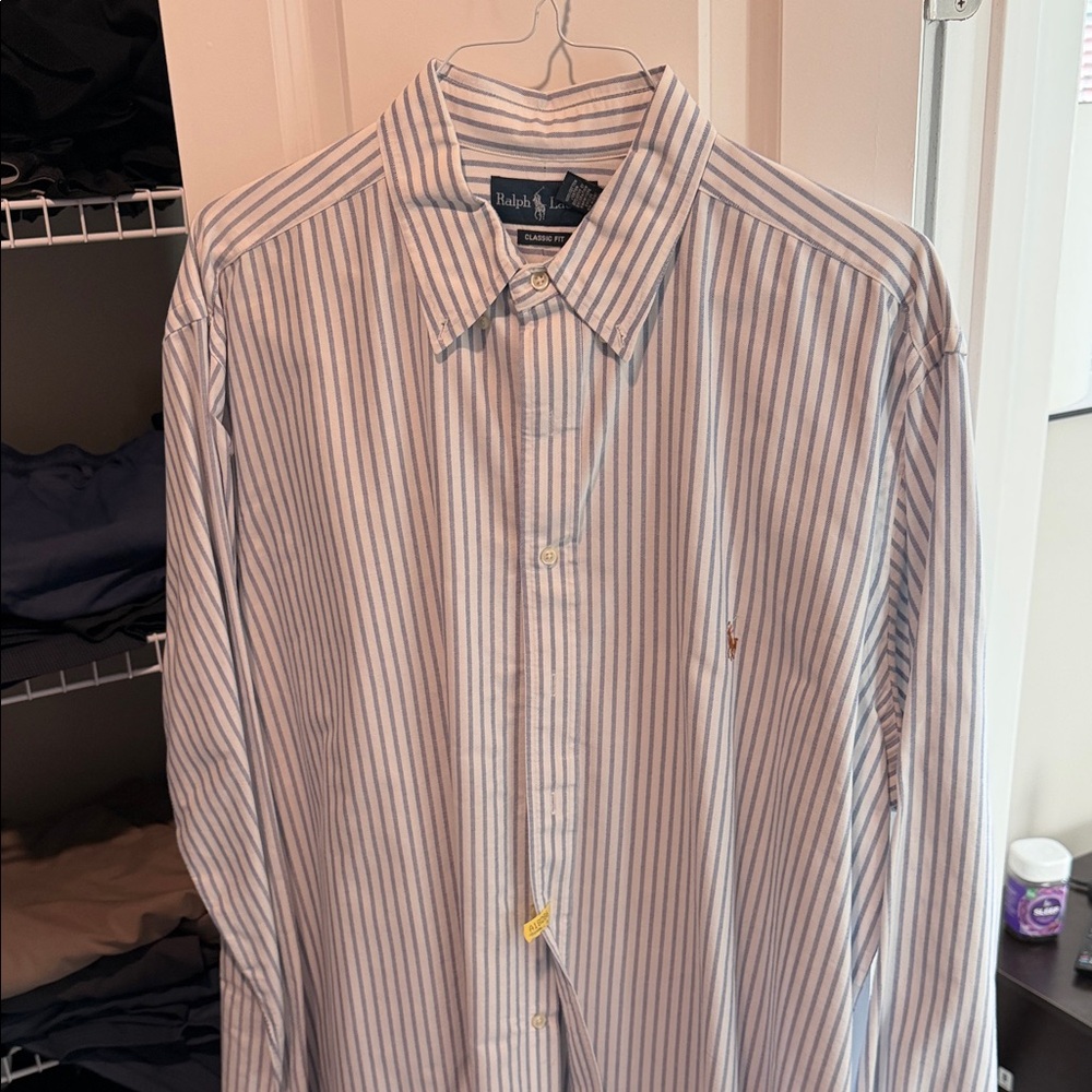 Ralph Lauren Men's White and Blue Pinstripe Shirt